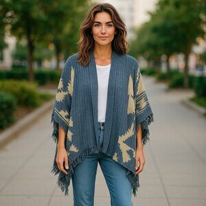 Ralph Lauren Cardigan Sweater Western Aztec Poncho Southwestern Fringe Medium MP